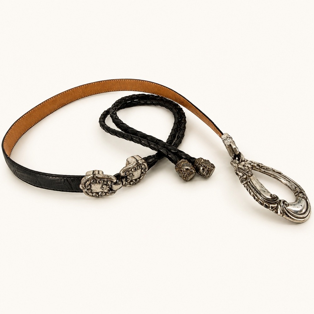 90s VTG Brighton S/M Bolo Western‎ Hip Belt Black Braided Leather Eclectic Gypsy